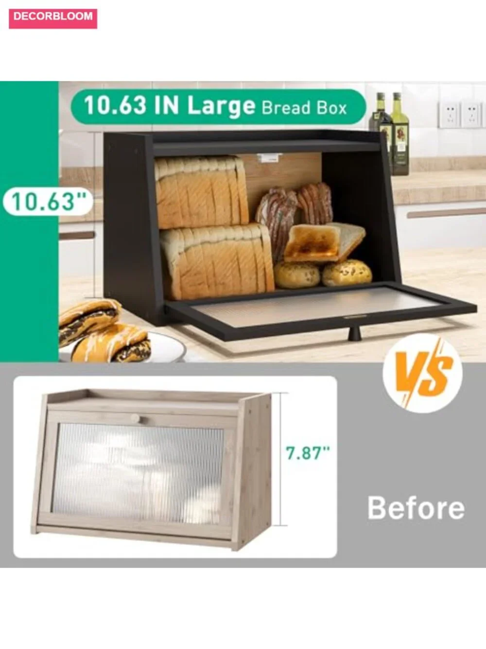 Large Bamboo Bread Box with Wavy Acrylic Door for Kitchen Counter Storage